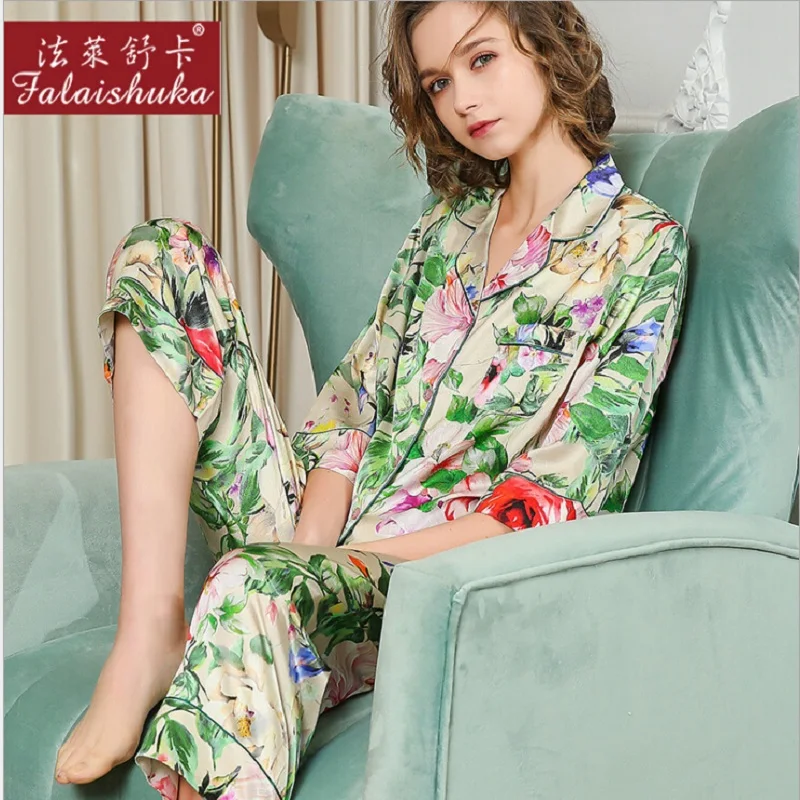 Woman Silk Sleepwear Pajamas Sets Floral Print Summer Spring 2020 Lady Plus Size Fashion Pyjamas Set Full Sleeve Female 2XL