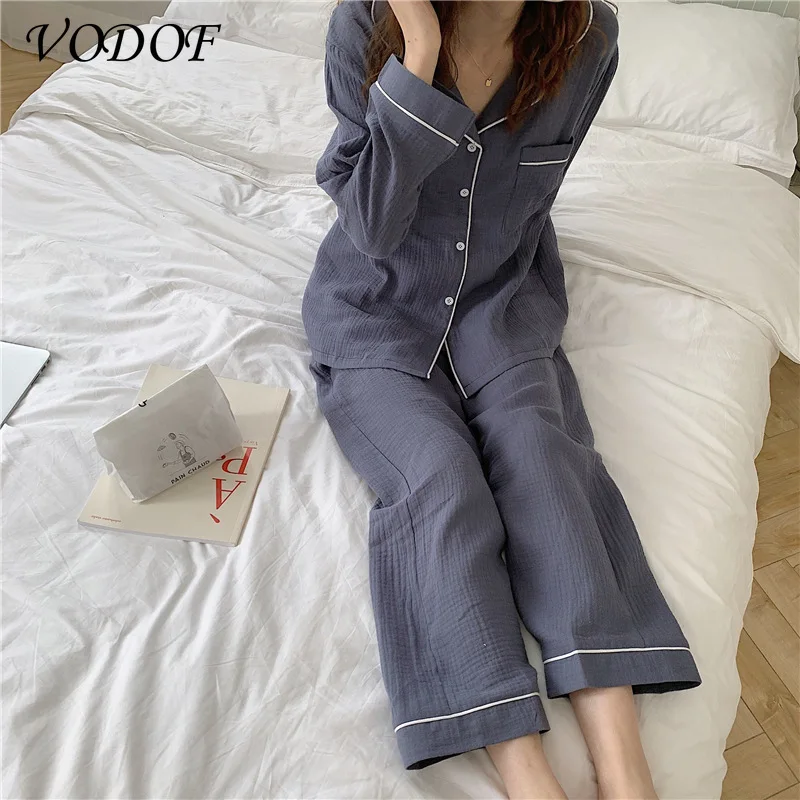 VODOF New Style Ladies Cotton Long-sleeved Trousers Pajamas Suit Cute Home Service Suit Women