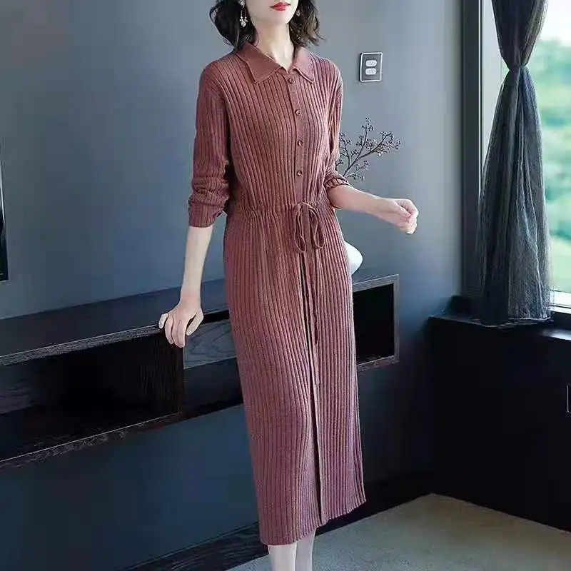 

Long Sleeve Dress Women Slim Turndown Collar Autumn Winter Elegant Chic Solid Long Dresses Wild Knitted Fashion Vestido X321