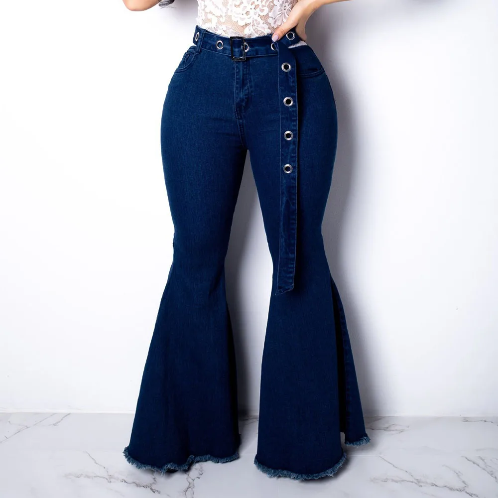 Women Autumn Elastic plus size Loose Denim Pocket Button High Waist flare jeans ladies Casual bell bottom Pants wide leg |