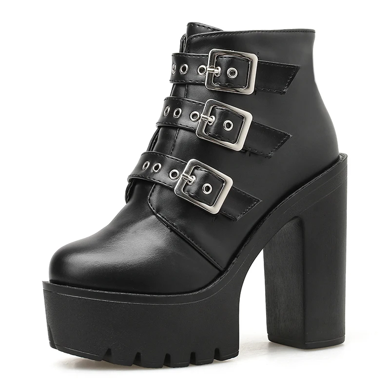 black shoes Gdgydh; Новинка года; женские модные ботильоны с боковой молнией; пикантные готические сапоги с пряжкой; обувь на платформе с квадратным каблуком для девочек; школьная Акция; распродажа - Цвет: black shoes