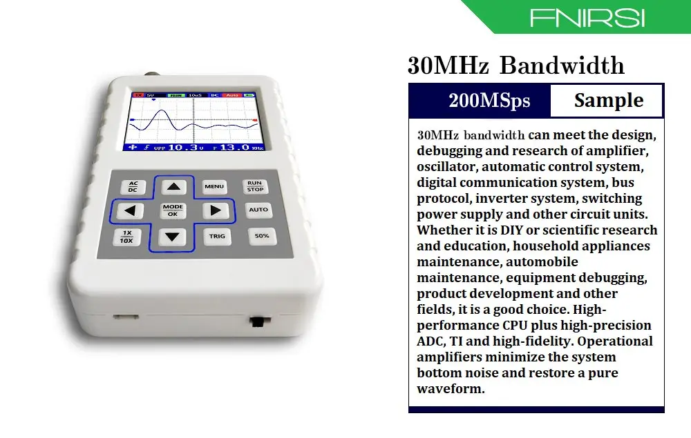 FNIRSI-2031H цифровой осциллограф с экраном 2,4 дюйма 200 мс/с частота дискретизации 30 МГц аналоговая полоса пропускания Поддержка хранения сигналов