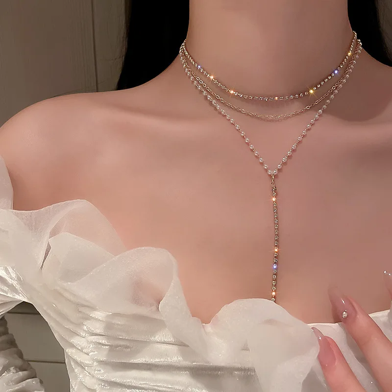 

Ailodo Elegant Pearl Necklace For Women Korean Fashion Multilayer Crystal Chain Party Wedding Necklace Bridal Jewelry Girls Gift