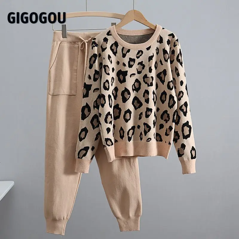 

GIGOGOU Leopard Knitted Women Sweater Costume Autumn Winter Pullovers 2 Peice Set Tracksuits Two Piece Set Korean Sports suits