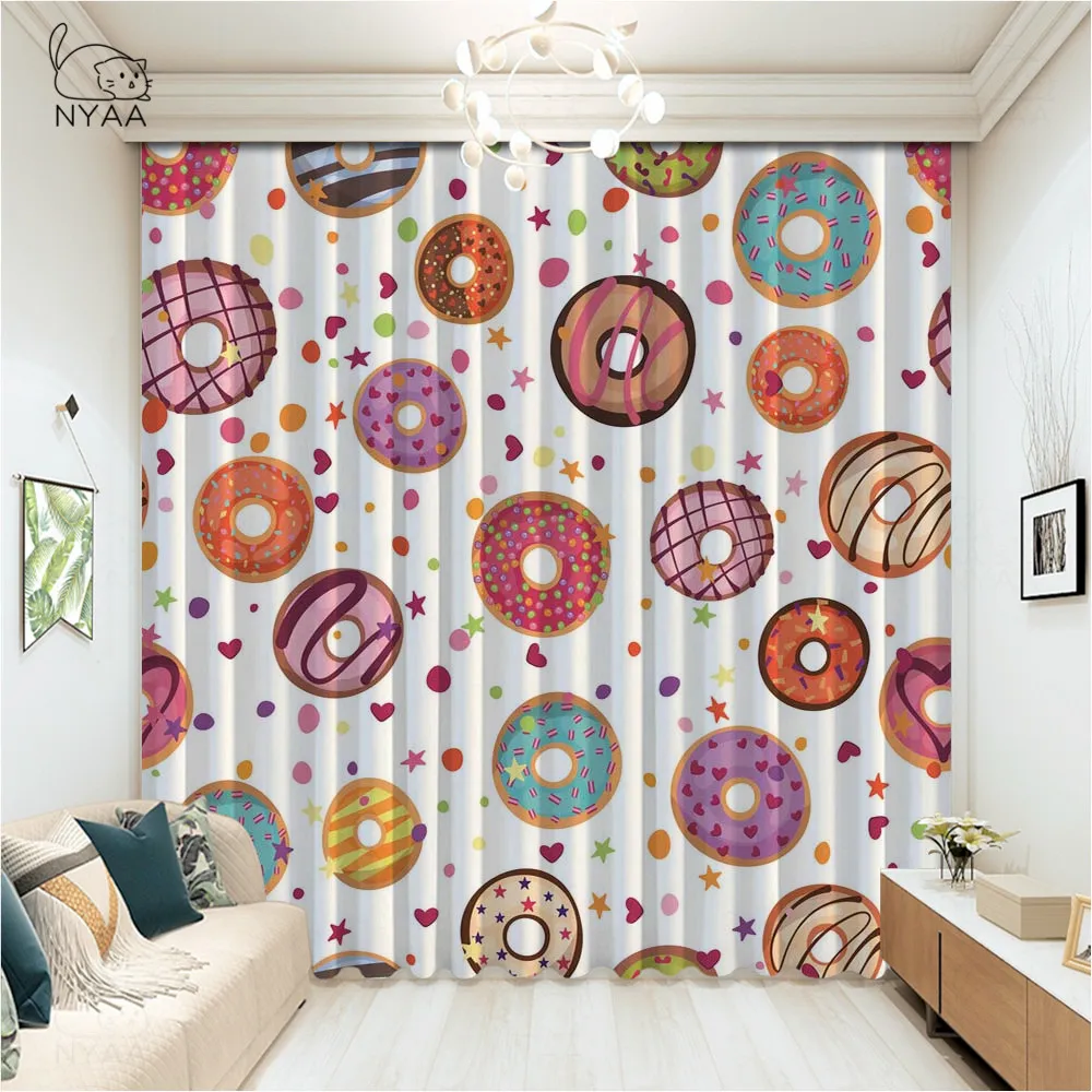 

Cute Donut Cartoon Curtains For Kitchen Short Hotel Cafe Black Curtains French Window Printed Living Room Curtain Micro Shading