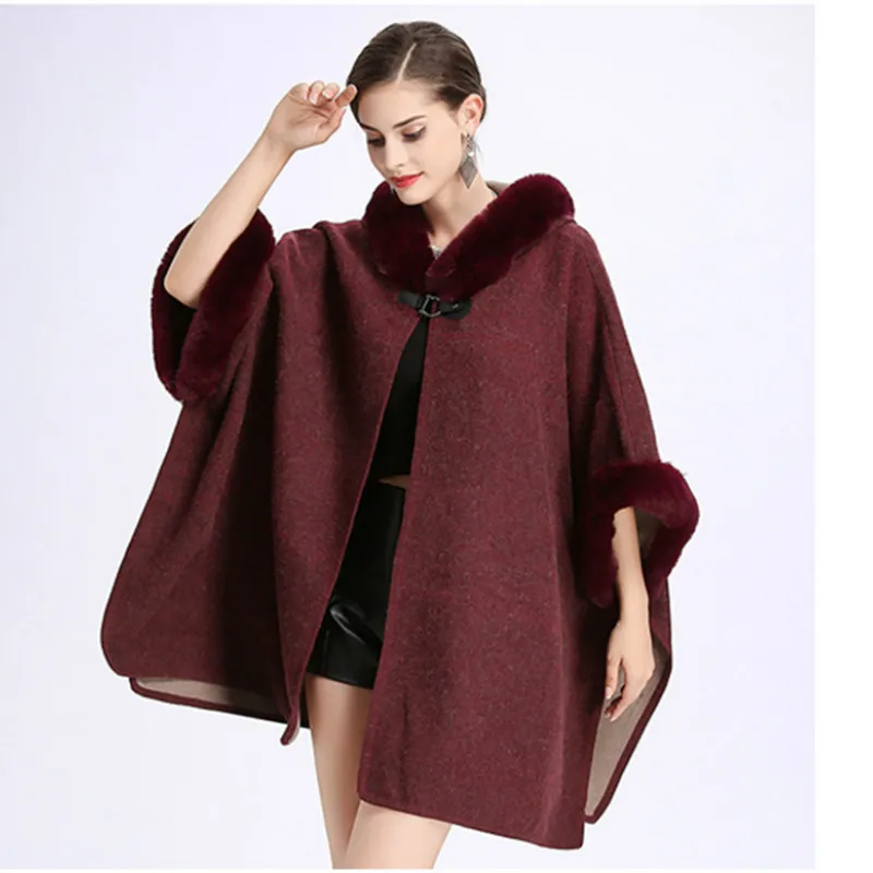 2020 Hooded Cardigan Poncho Capes Women Winter Cloak Long Woolen Coat Cape Warm Faux Rabbit Fur Collar S444 |