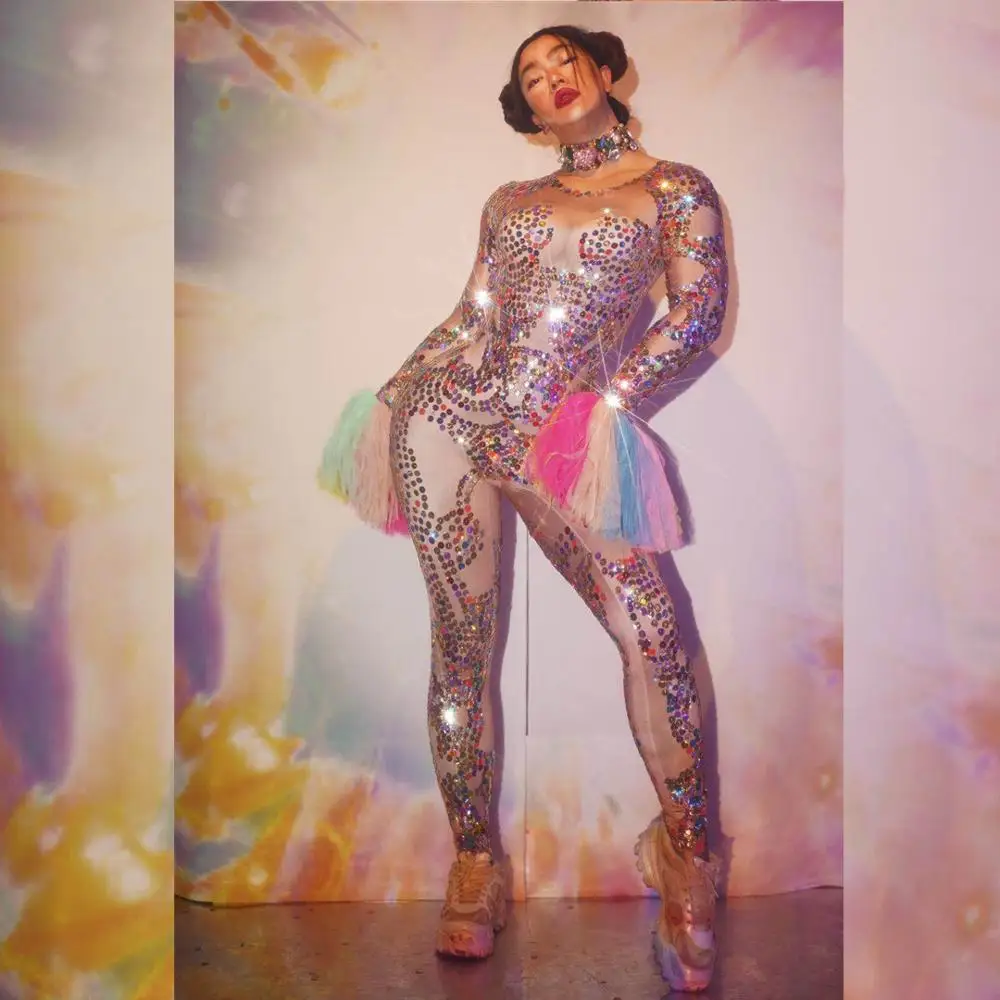 

Colorful Sequins Jumpsuit Women's Leggings Stage Performance Costumes Showgirl Dance Clothes Birthday Prom Rave Festival Clothes