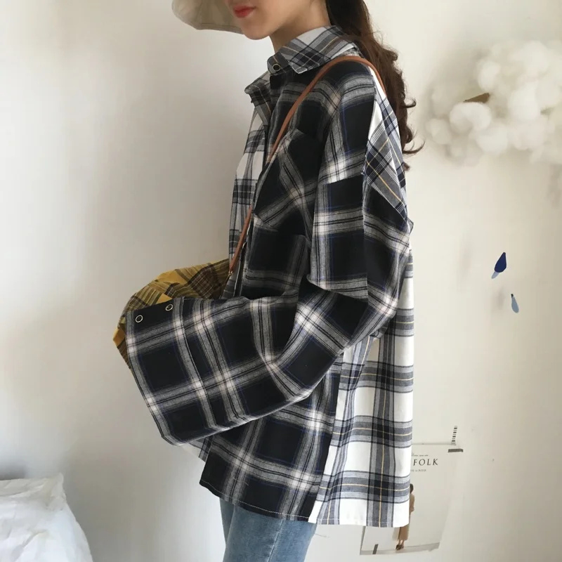 Корейский шик порт вино Ретро клетчатая рубашка свободная Bf с длинным рукавом