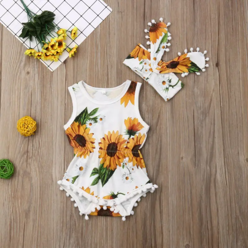 2019 летняя одежда для малышей Одежда маленьких девочек боди с подсолнухами