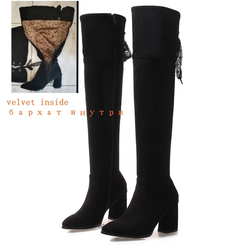 Black velvet REAVE CAT/обувь женские сапоги на высоком каблуке женские Сапоги выше колена Zapatos de mujer, на молнии, с перекрестной шнуровкой, из флока, с острым носком,, A1465 - Цвет: Black velvet