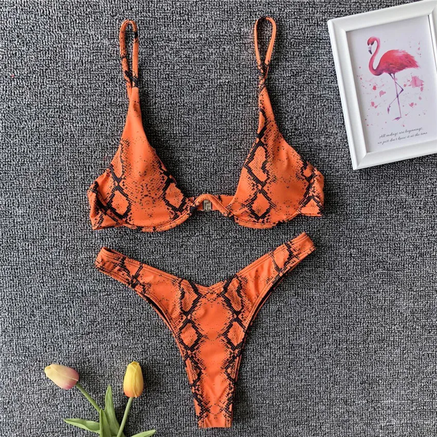 orange bikini 7 цветов принт змеиной кожи проводной пуш-ап бикини женские купальные костюмы без подкладки купальные костюмы горячие женские купальники винтажные бикини - Цвет: orange bikini