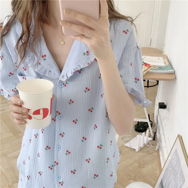 QWEEK Cherry Floral Print Pocket Ruffle Kawaii Pajamas Summer Suit for Women Japanese Teen Girls Home Clothes Pyjamas Pijamas