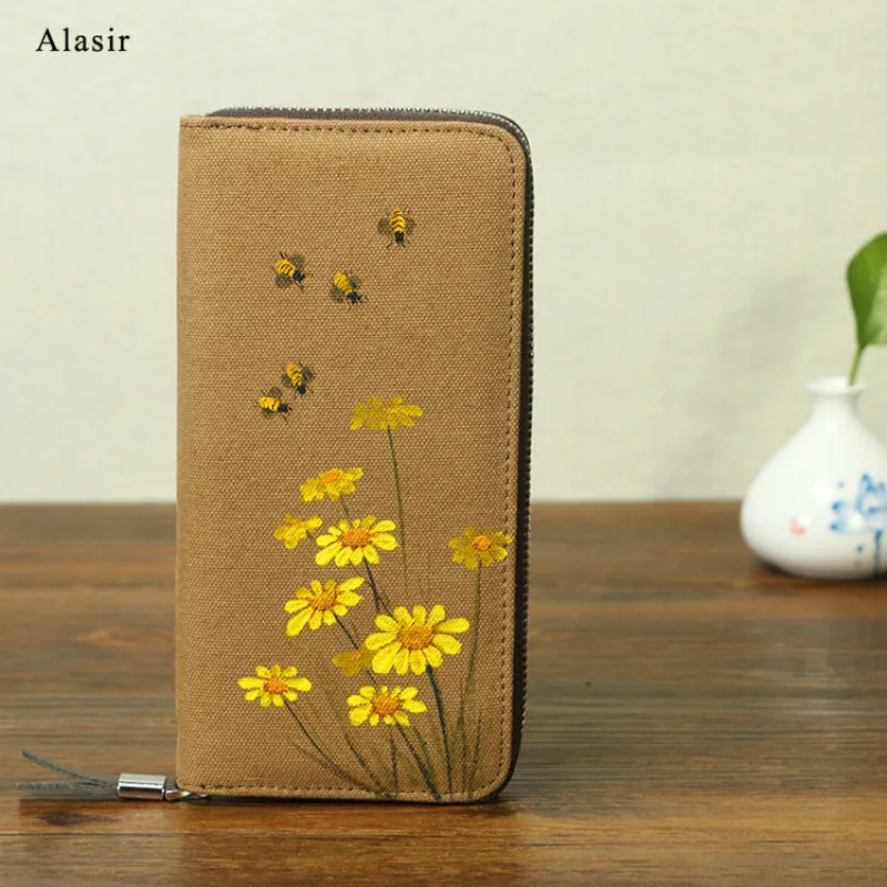 Alasir Retro Wallet Flowers Hand-painted Arts and Chinese Style Women Wallets Purses Money Bag Linen Zipper Coin Pocket | Багаж и сумки