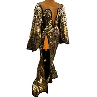 stage wear women dress drag queen outfit long sleeve gold perspective gauze split asymmetrical floor length dj singer dance