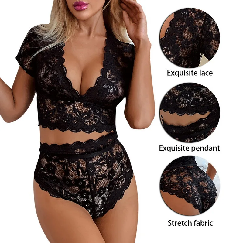 

Ladies 2 piece underwear set V-neck lace floral short sleeve short sleeve high waist panties + female sexy underwear split set