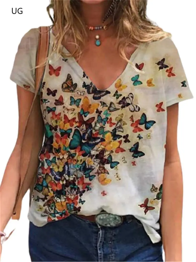 

3D Butterfly Print Women T-Shirts Short Sleeve Oversized Summer Tee Loose Casual Basic Tops Female V-Neck Street T-Shirt 5XL Top