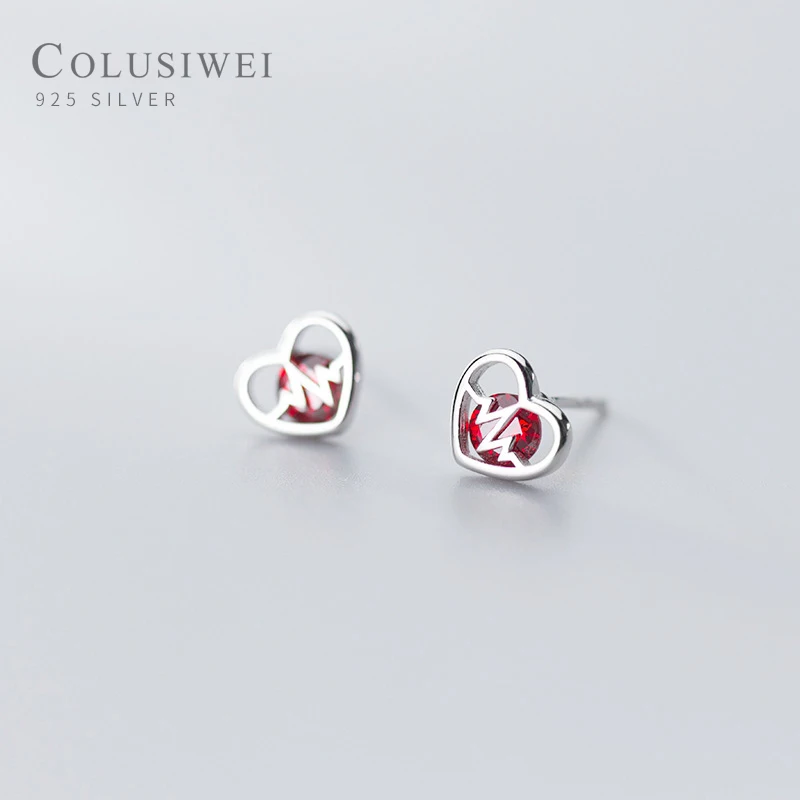 

COLUSIWEI Romantic 925 Sterling Silver Simple Heart Stud Earrings for Women Elegant Red CZ Ear Pin Fashion Jewelry Brincos Gift