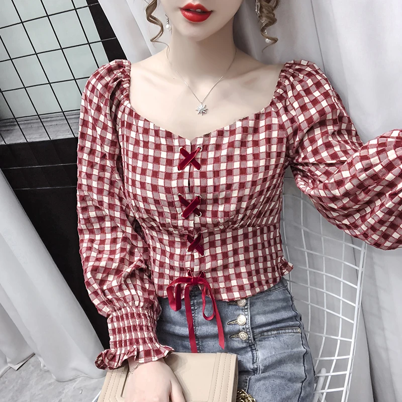 

Women Red Plaid Blouse Criss Cross Short Style Long Sleeve Shirt Square Collar Women Slim Tops Female
