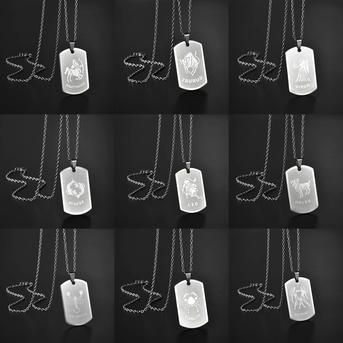 

12 Horoscope Zodiac Stainless Steel Silvery Army Dog Tag Necklace 12 Constellations Jewelry Gifts for Men Women Fashion Necklace