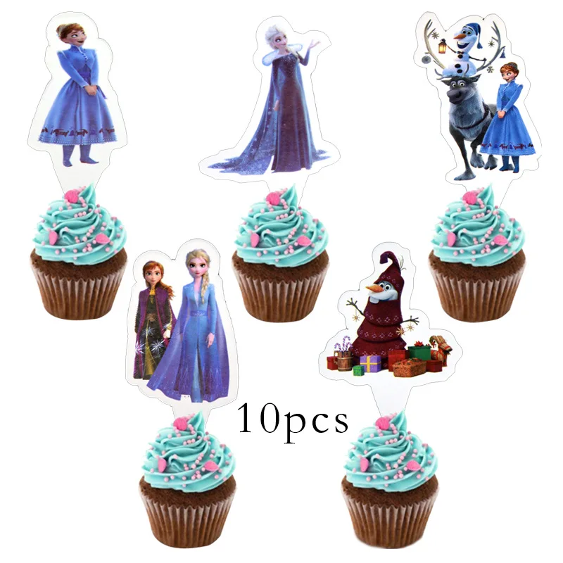 10Pcs Cake Topper Вечерние украшения в виде принцесс Эльзы из мультфильма «Холодное сердце», вечерние украшения, бумажные стаканчики, соломинки, подарок для детей на день рождения, украшения детский душ - Цвет: 10Pcs Cake Topper