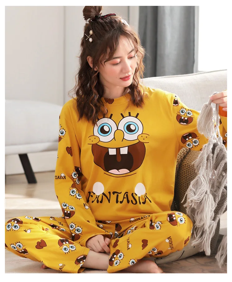 Пижама для женщин осенняя хлопковая с длинным рукавом и мультяшным принтом милый