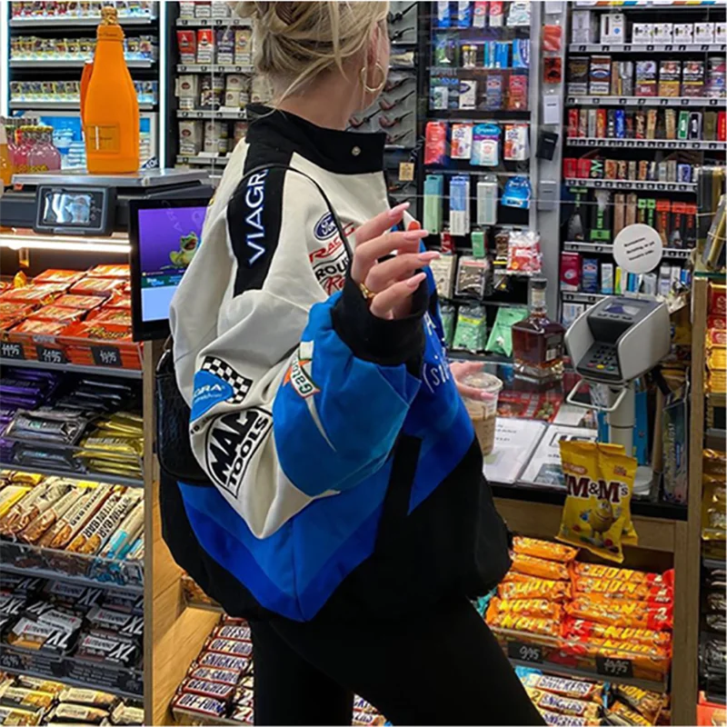 

2021 Spring Autumn Woman Jacket Blue Printed Casual Loose Jacket New Sports Style Bomber Jacket Women Coat Colorblock Coat