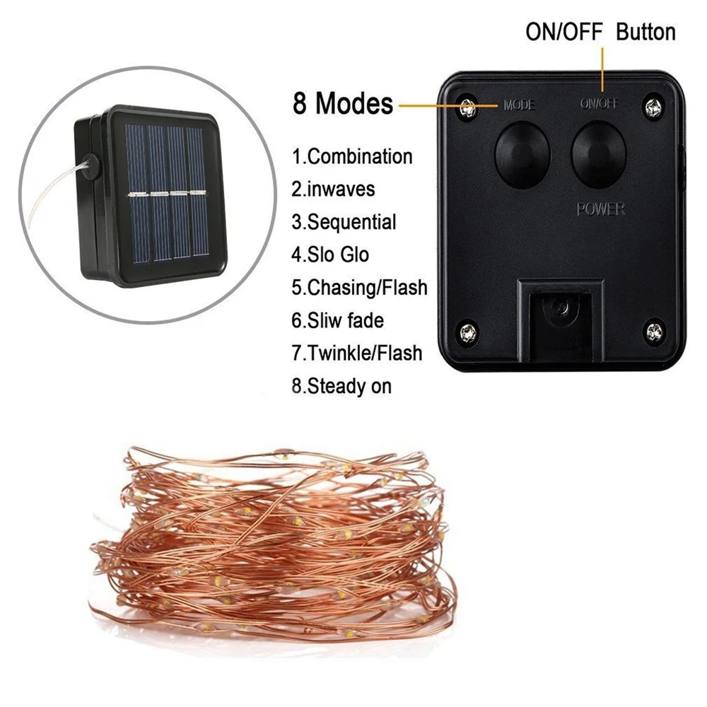 LED Solar Powered String Lights 8 Modes Waterproof Copper Wire Christmas for Home Garden Patio Yard Wedding Party | Лампы и освещение