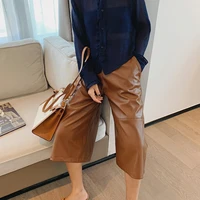 2022 womens brown wide loose oversized patchwork faux pu leather capris pants autumn harajuku vintage shorts clothing e girl za