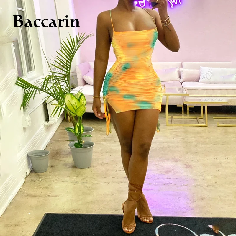 

Baccarin tie dye drawstring ruched strap women dress bodycon backless sexy party elegant 2020 summer clothes club outfit slim