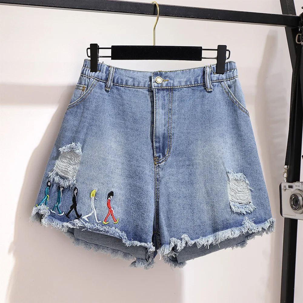 

Plus Size Summer Elastic Waist Embroidered Ripped Hole Short Jeans Denim Shorts for Women 2XL 3XL 4XL 5XL 6XL