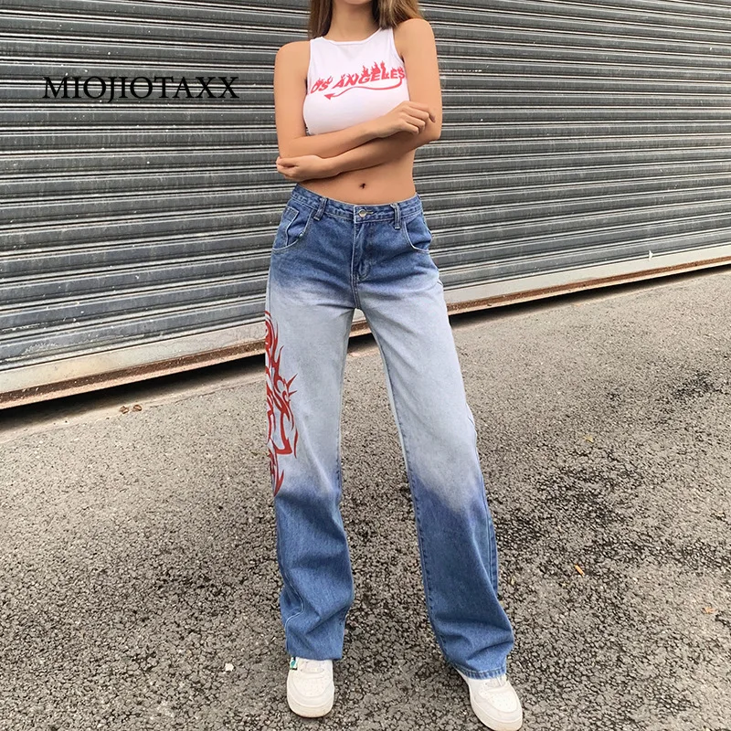 

Новинка 2022, Европейская и американская мода MIOJIOTAXX, синие, выцветающие, с принтом, с высокой талией, закрывающие ягодицы, мешковатые джинсы, Ж...