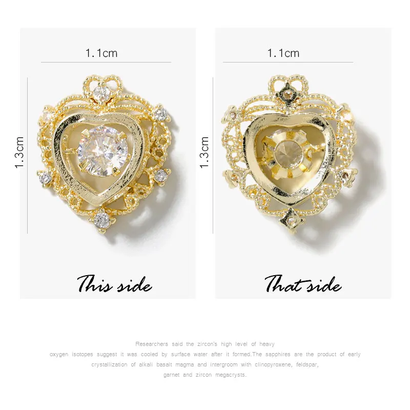 

2PC Quality Luxury Zircon Crystal Rhinestones For Nail Alloy Gold Nail Art Decorations Fashion Beating Heart Jewelry Ornaments
