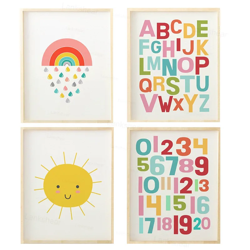 Пол нейтральный стена искусство Алфавит принт для детской постер с радугой Kawaii