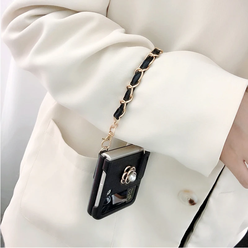 luxury 3d camellia pu leather alligator pattern phone case for samsung galaxy z flip 3 5g crossbody chain with wrist strap cover free global shipping