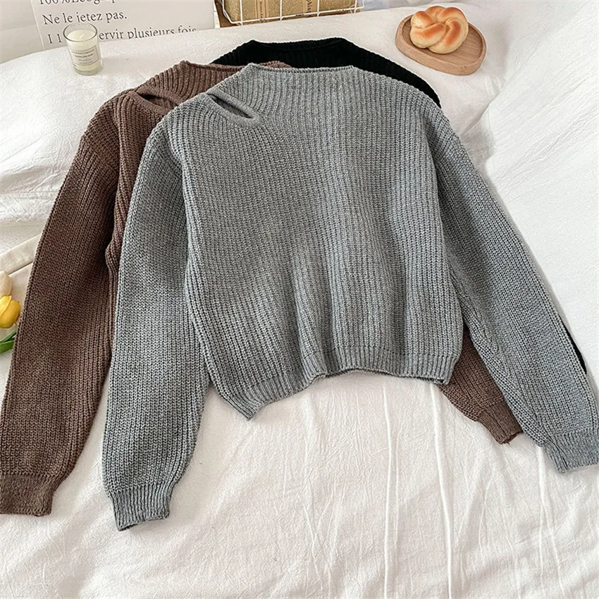 Свитер женский вязаный Осень-зима с вырезами на плечах | Женская одежда