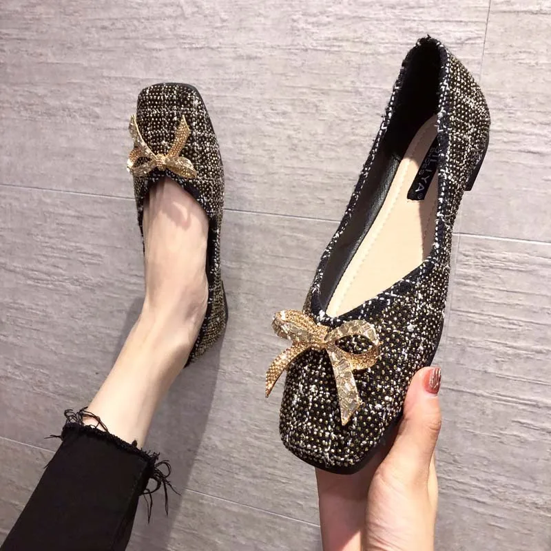 

Square Toe Woman Flats Spring Autumn Flat Casual Shoes Woman Fashion Rhinestone Bow Women Shoes Zapatos Mujer