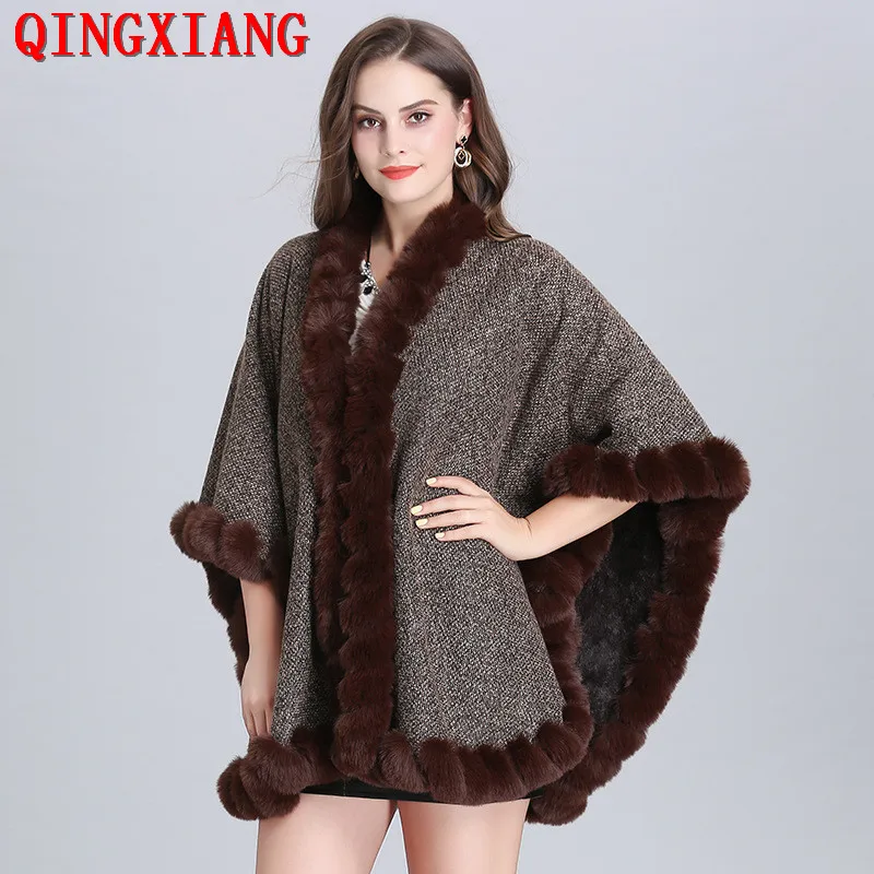 

2019 Plus Velvet Poncho Winter Big Cloak Knitted Warm Thick Shawl Women Faux Fox Fur Collar Cape Big Pendulum Dovetail Cardigan