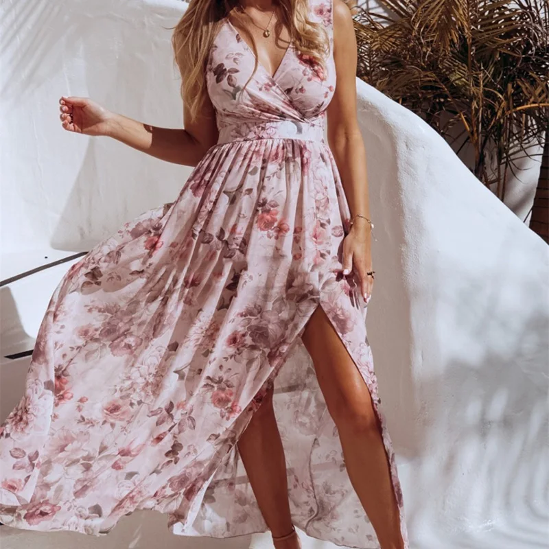 

Frauen V Neck Split Kleid Floral Print Lange Sommer Spaghetti Strap Party Rosa Chiffon Elegante Casual Maxi Kleider Strand