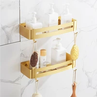 gold aluminum bathroom hardware square shelf with hooks shower gel rack shampoo caddy holder wall mounted nail punched basket
