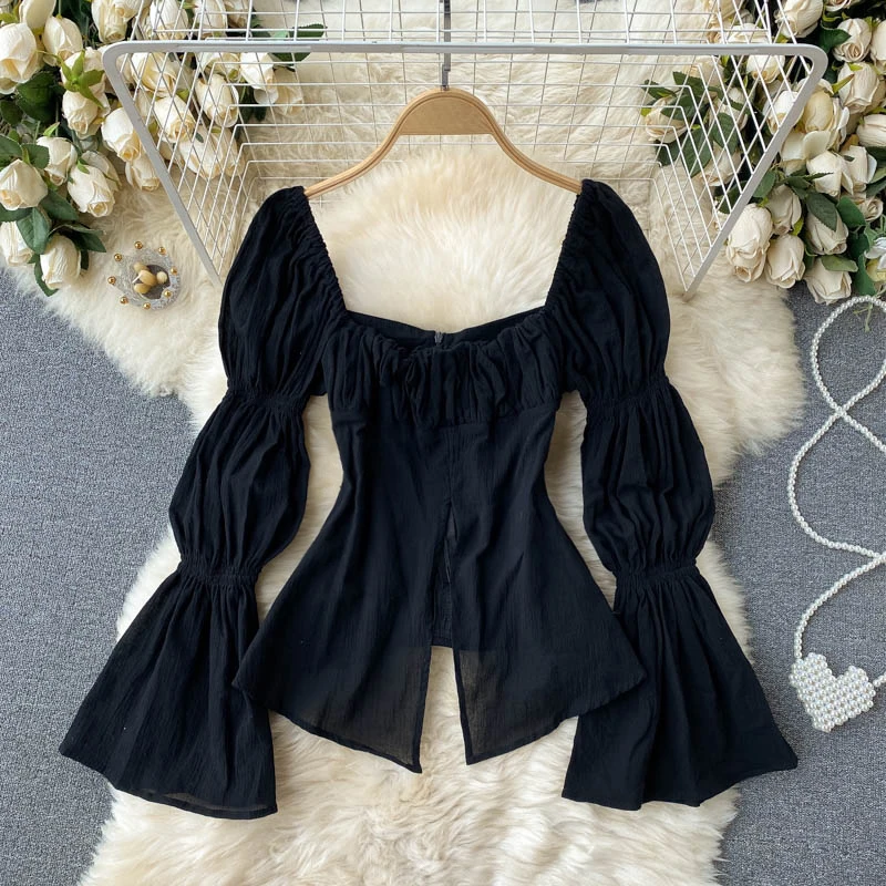 

Korean Style Chiffon Shirt Women Spring Fashion Solid Puff Sleeve Square Collar Slim Folds Tops Casual Spilt Female Clothing