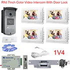 1V4 Rfid карты камера Домашний домофон 7 дюймов цветной монитор видео вратарь с электрическим ударным дверным замком полный комплект для офиса