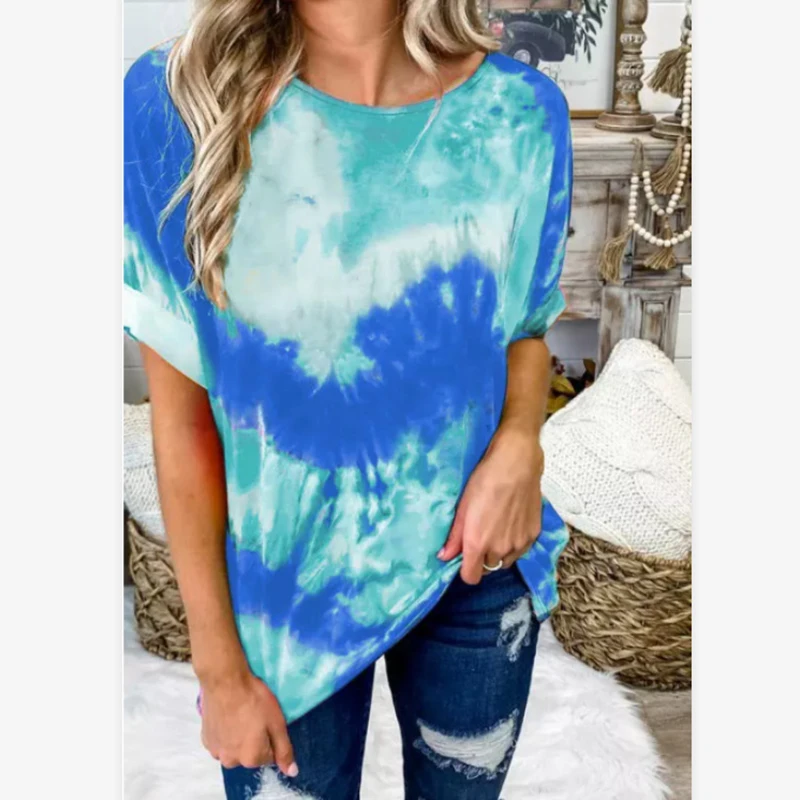 

Футболка женская с коротким рукавом, свободная универсальная простая шикарная рубашка с принтом тай-дай в стиле хип-хоп, с круглым вырезом и...