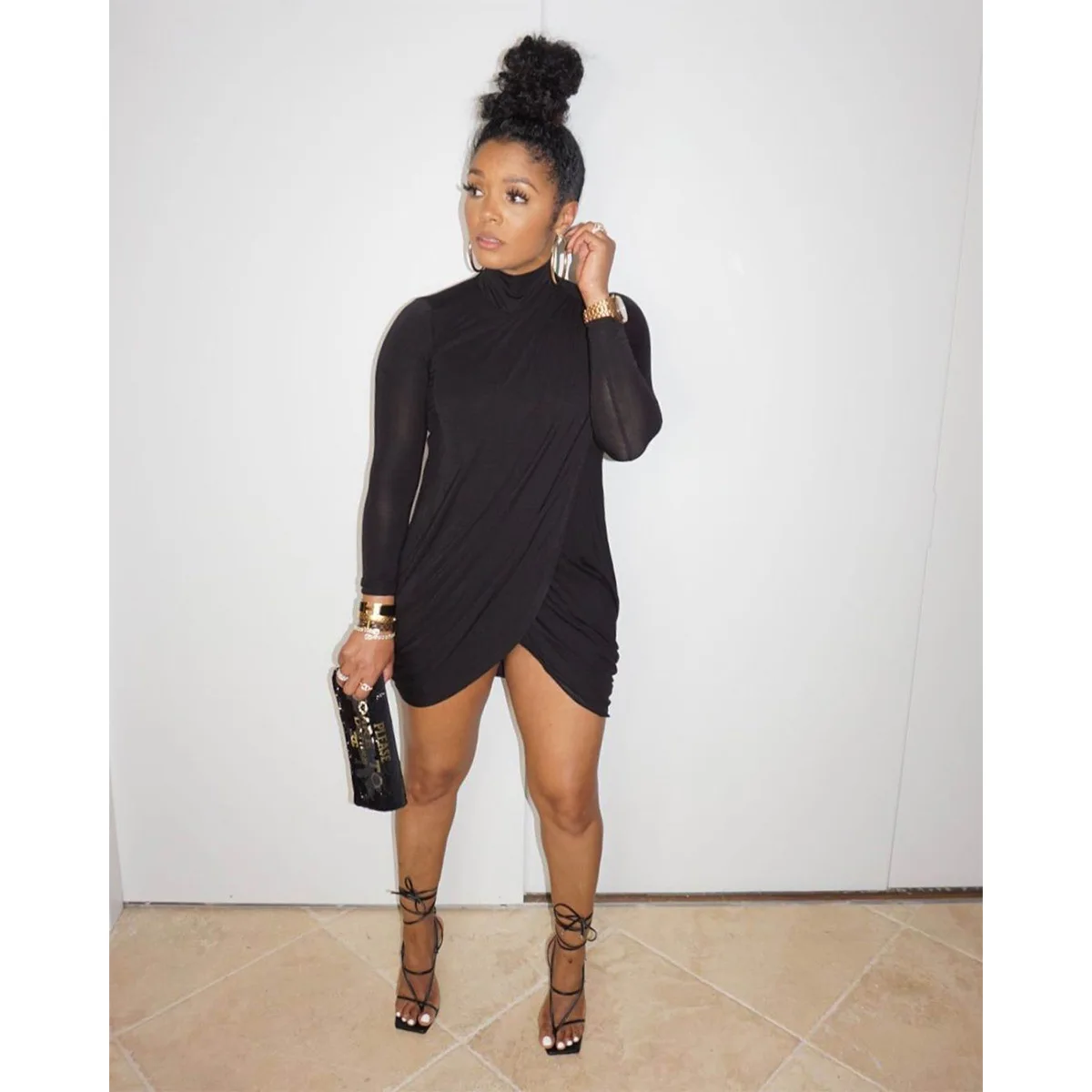 

2021 Women's Winter Sexy Solid Color High Neck Skinny Mini Dress Cross Split Warm Long Sleeve High Neck Dress