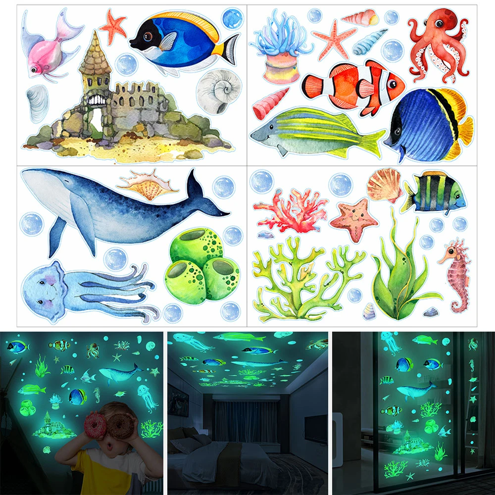 

4 Sheets Sea World Luminous Stickers Glow In The Dark Ocean Theme Underwater Animal Wall Sticker for Baby Kids Nursery Decor