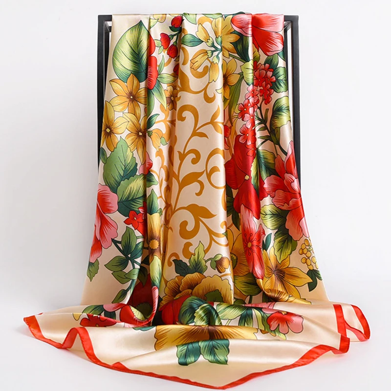 Модная женская шаль 90*90 см Шелковый Атласный хиджаб с принтом Женская бандана