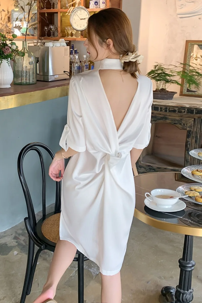 

2021 new care machine open back chiffon shirt skirt temperament holiday style white dress summer