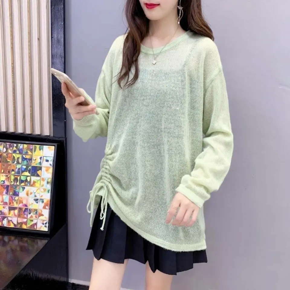 

Thin knit sweater mohair drawstring lace 2021 summer trend new hedging sunscreen simple breathable top women ins hot sale