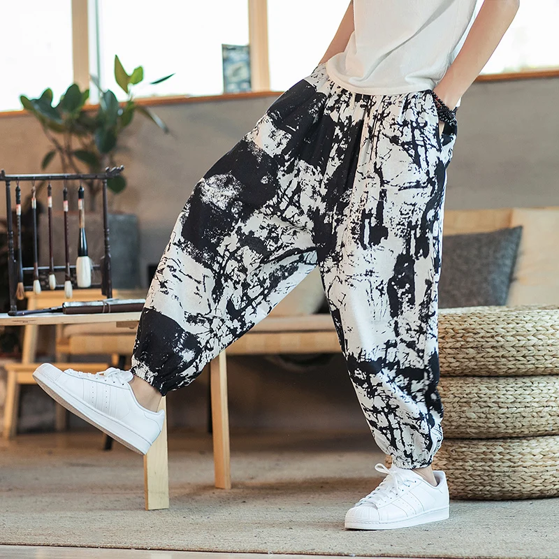 

Men Harem Pants Printed Vintage Streetwear Cotton 2021 Casual Trousers Men Baggy Joggers Drawstring Pants Plus Size 5XL