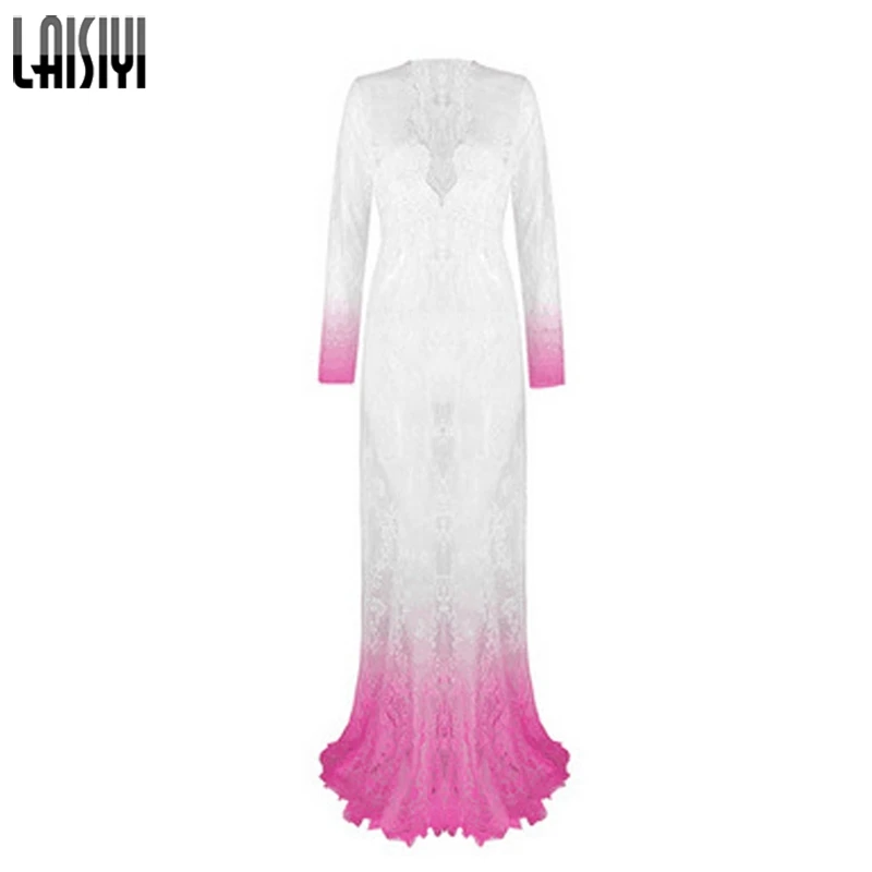 Diaoran pink LAISIYI, женские сексуальные платья, осень, длина до пола, черное, белое, кружевное платье, регулировка талии, прозрачные, цветочные, DR5046 - Цвет: Diaoran pink