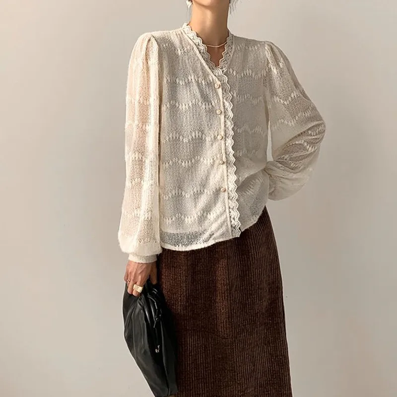 

2021 New Spring Autumn OL Elegant Pearl Bttton Lace Cardigan Shirt Women Blouses V-neck Solid Hollow Out Loose Woman Tops